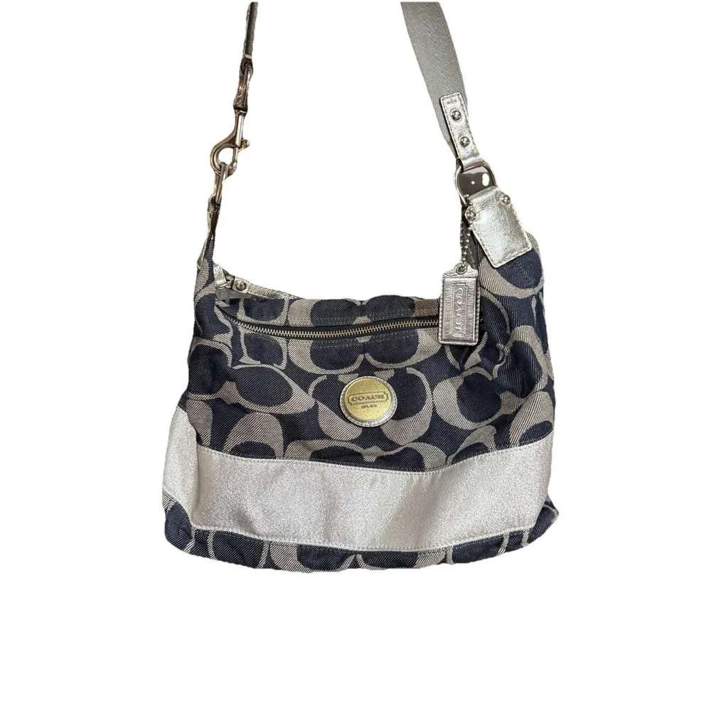 Coach Signature Carly Blue Silver Stripe Canvas Hobo Handbag Navy Denim F17434